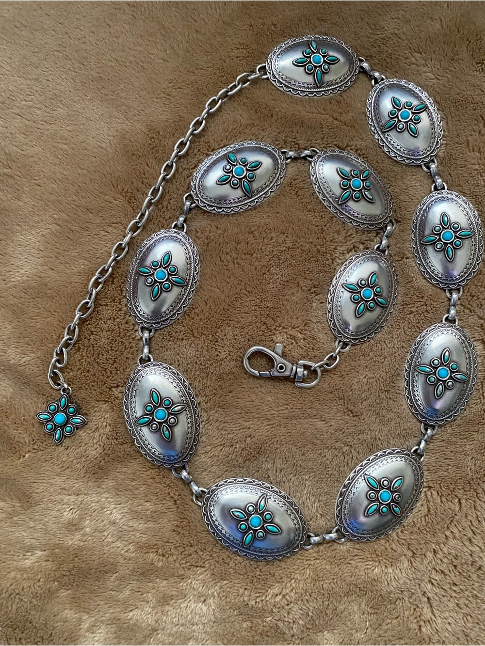Turquoise Floral Concho Belt - Silver Tone
